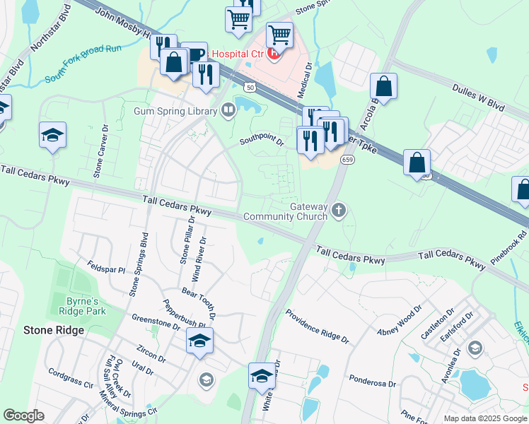 map of restaurants, bars, coffee shops, grocery stores, and more near 24762 Stone Station Terrace in Aldie