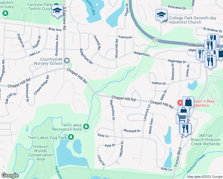 map of restaurants, bars, coffee shops, grocery stores, and more near 2333 Chapel Hill Road in Columbia