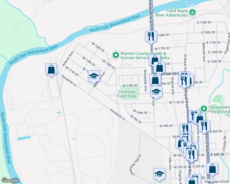 map of restaurants, bars, coffee shops, grocery stores, and more near 1121 Massanutten Avenue in Front Royal