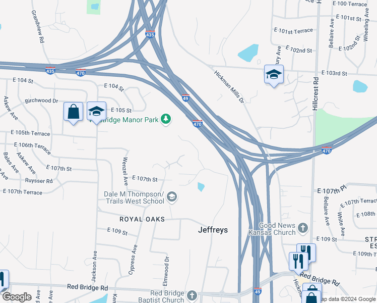 map of restaurants, bars, coffee shops, grocery stores, and more near 10511 Cypress Avenue in Kansas City