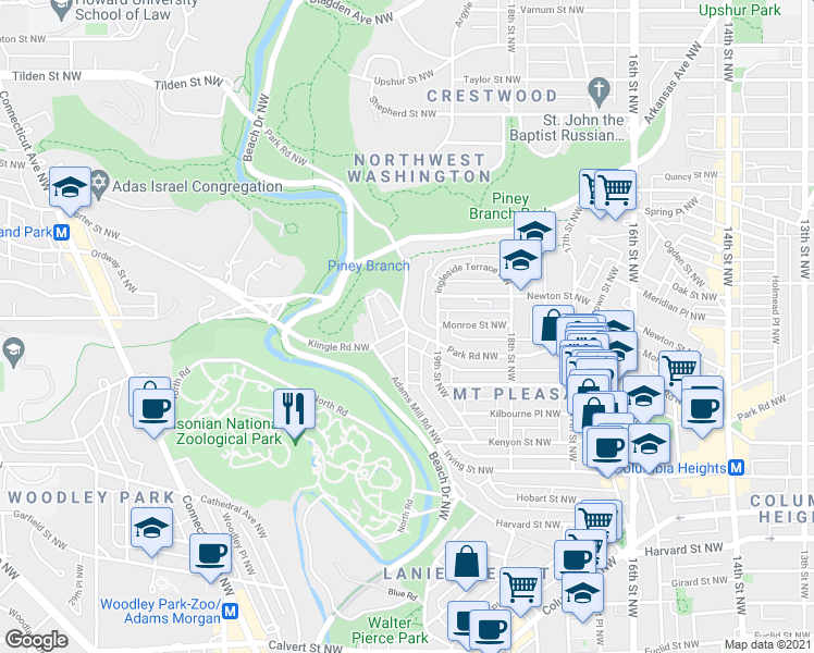 map of restaurants, bars, coffee shops, grocery stores, and more near Park Rd NW & Klingle Rd NW in Washington