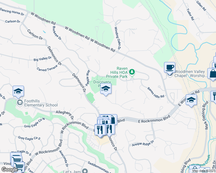 map of restaurants, bars, coffee shops, grocery stores, and more near 194 Mikado Drive West in Colorado Springs