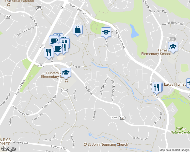 map of restaurants, bars, coffee shops, grocery stores, and more near 2350 Horseferry Court in Reston