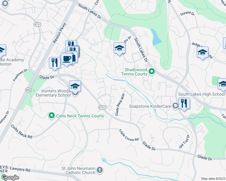 map of restaurants, bars, coffee shops, grocery stores, and more near 2349 Horseferry Court in Reston