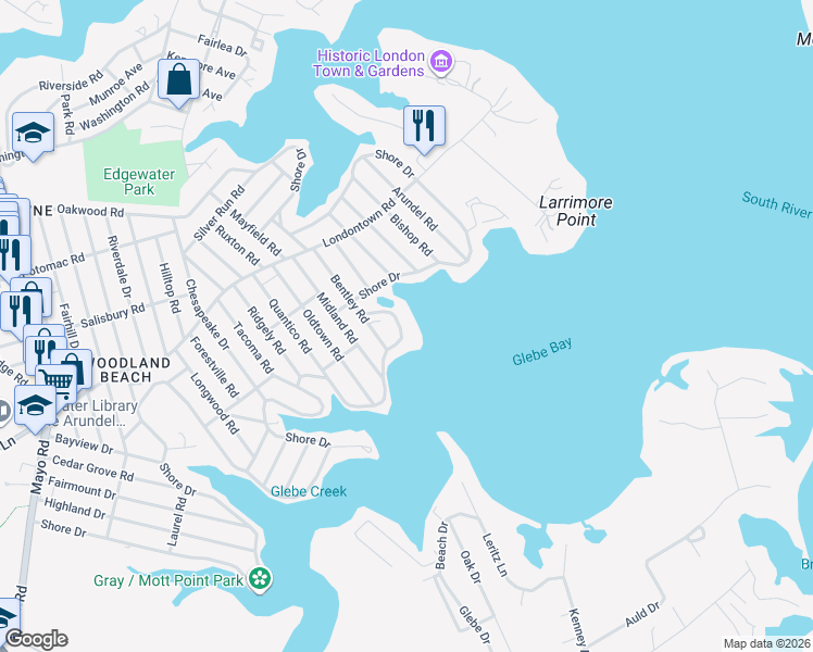 map of restaurants, bars, coffee shops, grocery stores, and more near 1124 Shore Drive in Edgewater