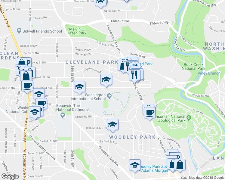 map of restaurants, bars, coffee shops, grocery stores, and more near 3024 Macomb Street Northwest in Washington