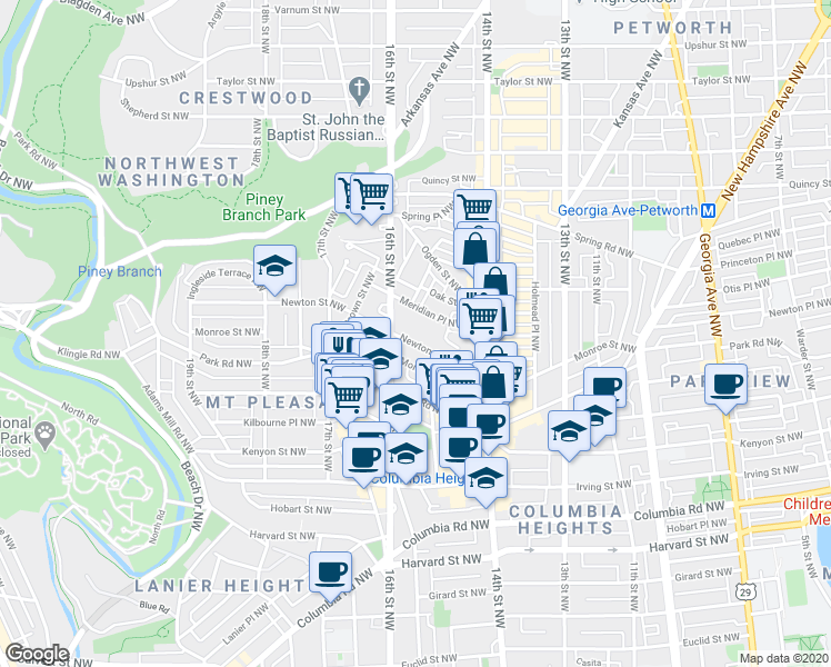 map of restaurants, bars, coffee shops, grocery stores, and more near 1500 Meridian Place Northwest in Washington