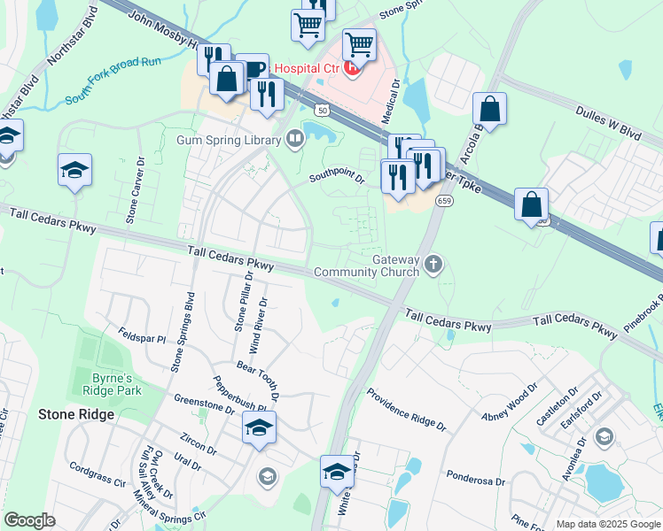 map of restaurants, bars, coffee shops, grocery stores, and more near 24763 Stone Station Terrace in Aldie