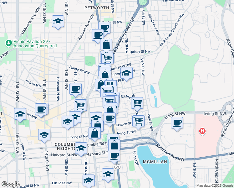 map of restaurants, bars, coffee shops, grocery stores, and more near 625 Park Road Northwest in Washington