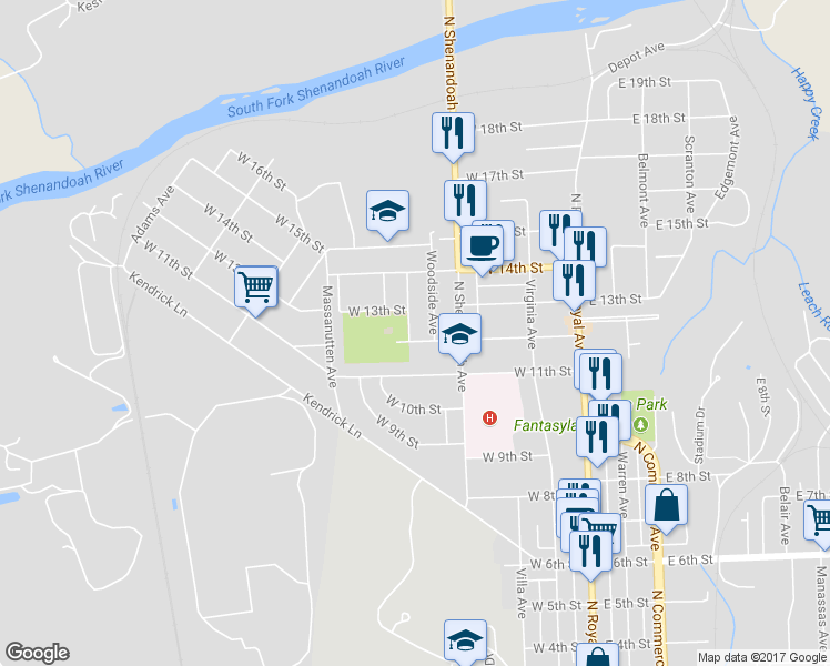 map of restaurants, bars, coffee shops, grocery stores, and more near 407 West 12th Street in Front Royal