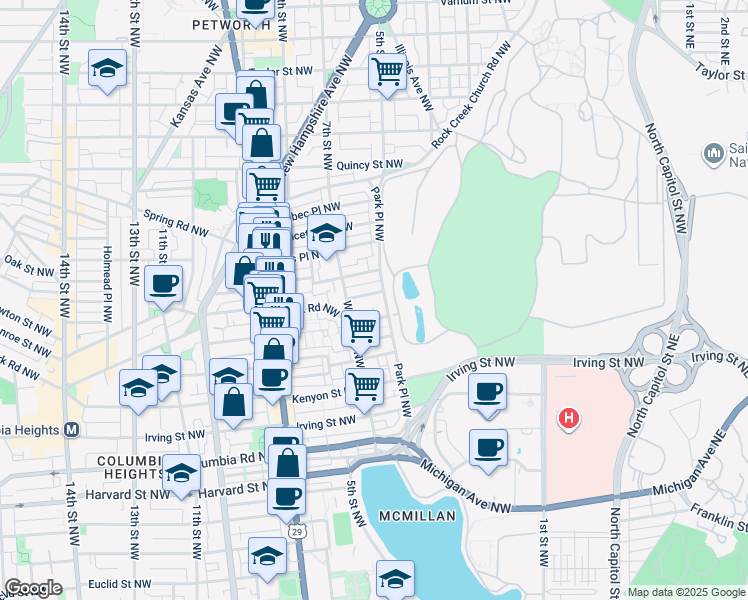 map of restaurants, bars, coffee shops, grocery stores, and more near 426 Manor Place Northwest in Washington