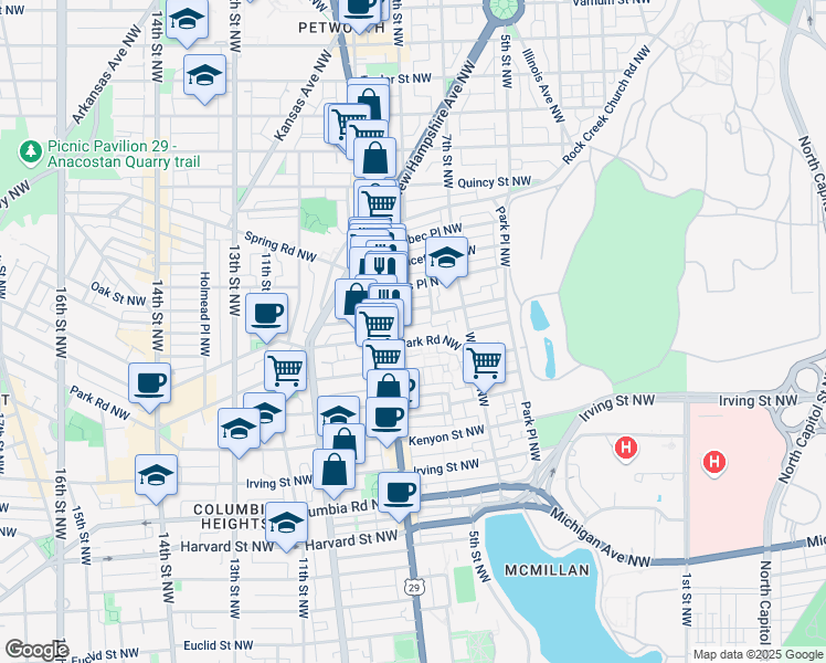 map of restaurants, bars, coffee shops, grocery stores, and more near 625 Park Road Northwest in Washington