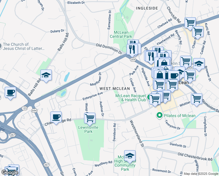 map of restaurants, bars, coffee shops, grocery stores, and more near 7018 Enterprise Avenue in McLean