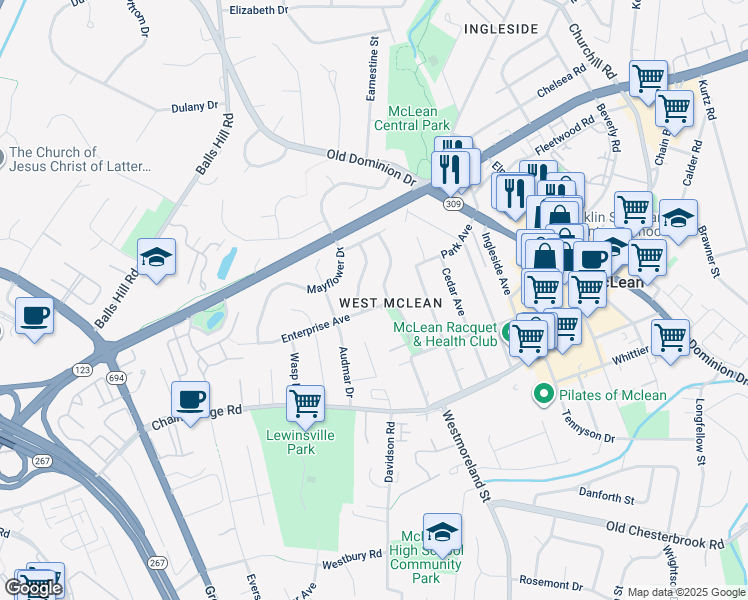 map of restaurants, bars, coffee shops, grocery stores, and more near 7018 Enterprise Avenue in McLean