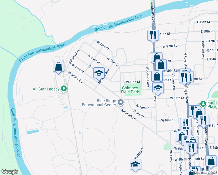 map of restaurants, bars, coffee shops, grocery stores, and more near 619 West 11th Street in Front Royal