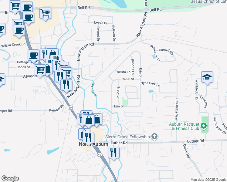 map of restaurants, bars, coffee shops, grocery stores, and more near 1853 Canal Street in Auburn