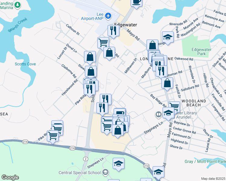 map of restaurants, bars, coffee shops, grocery stores, and more near 3855 Glebe Meadow Way in Edgewater