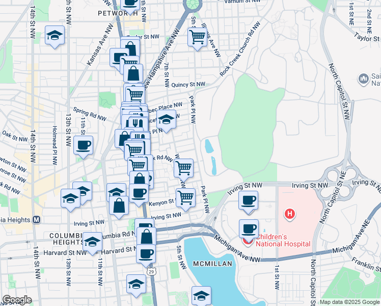 map of restaurants, bars, coffee shops, grocery stores, and more near 426 Manor Place Northwest in Washington