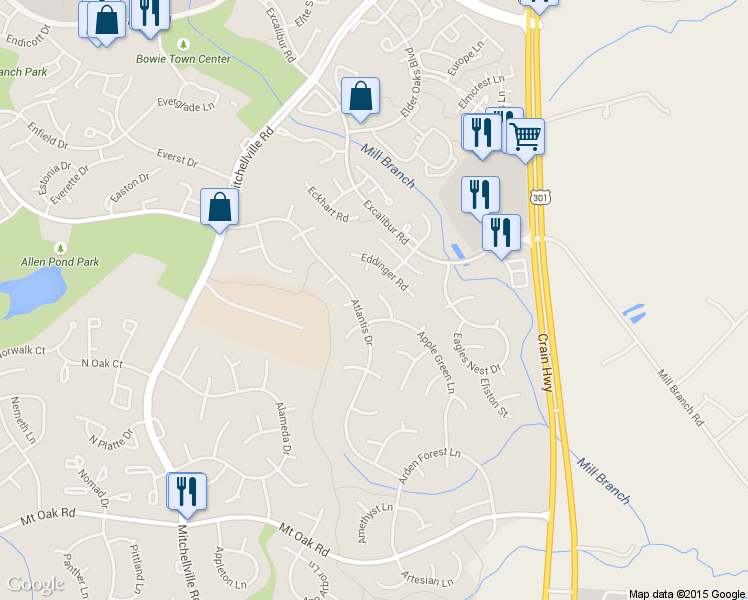 map of restaurants, bars, coffee shops, grocery stores, and more near 3204 Aldridge Court in Bowie