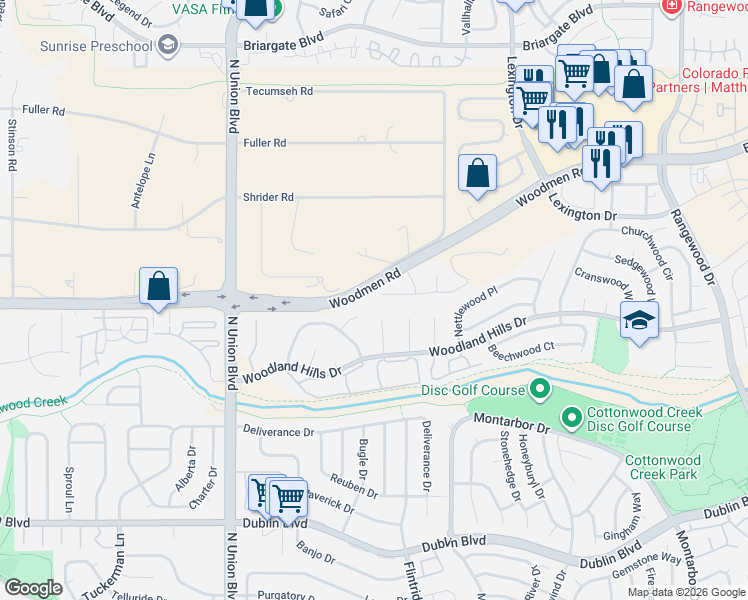 map of restaurants, bars, coffee shops, grocery stores, and more near 3047 East Woodmen Road in Colorado Springs