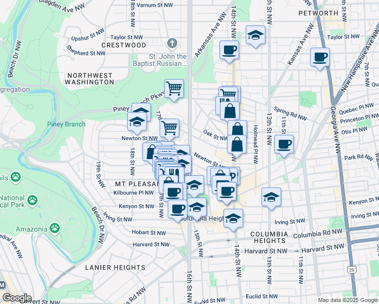 map of restaurants, bars, coffee shops, grocery stores, and more near 16th St NW & Newton St NW in Washington