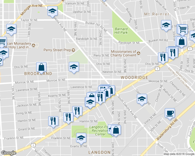 map of restaurants, bars, coffee shops, grocery stores, and more near 2020 Monroe Street Northeast in Washington