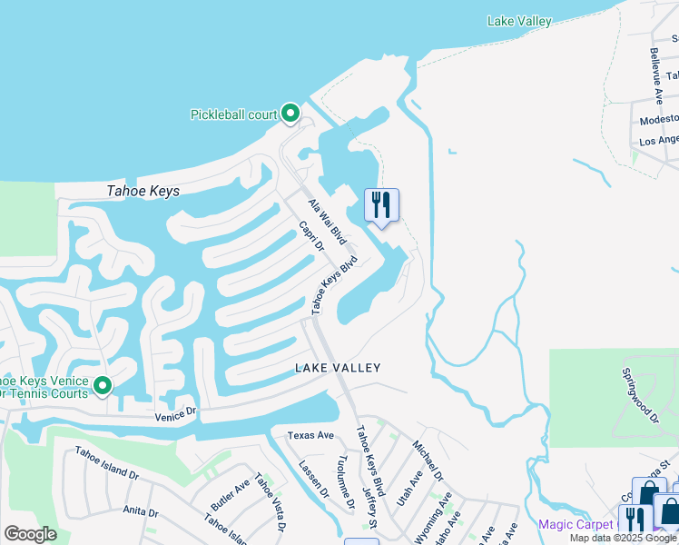 map of restaurants, bars, coffee shops, grocery stores, and more near 487 Capri Drive in South Lake Tahoe
