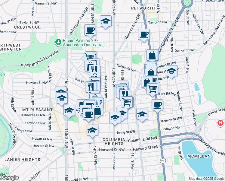 map of restaurants, bars, coffee shops, grocery stores, and more near 3542 13th Street Northwest in Washington