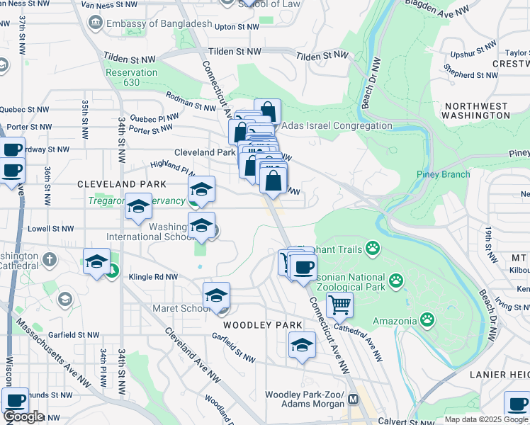 map of restaurants, bars, coffee shops, grocery stores, and more near 3220 Connecticut Avenue Northwest in Washington