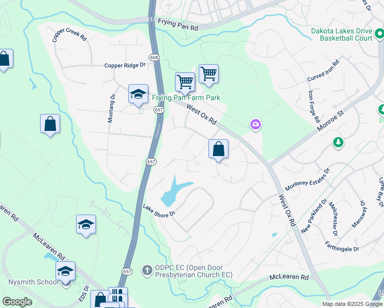 map of restaurants, bars, coffee shops, grocery stores, and more near 2714 Floris Lane in Herndon