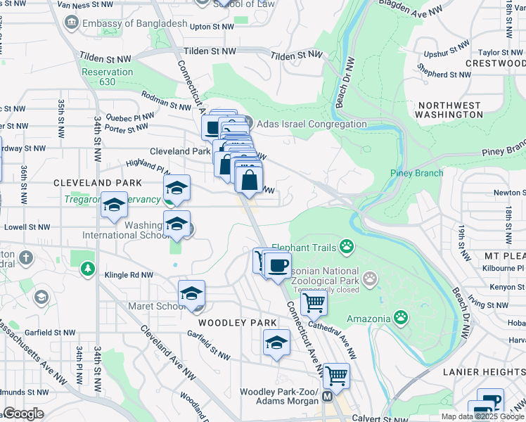 map of restaurants, bars, coffee shops, grocery stores, and more near 2756 Macomb Street Northwest in Washington