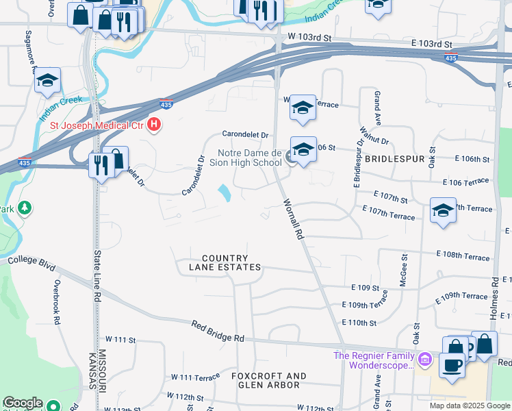map of restaurants, bars, coffee shops, grocery stores, and more near 501 West 107th Street in Kansas City