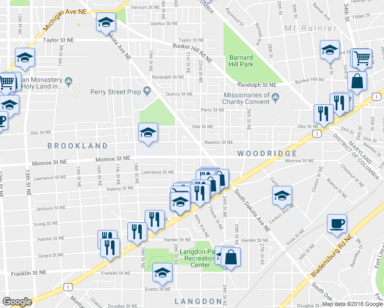 map of restaurants, bars, coffee shops, grocery stores, and more near 2016 Monroe Street Northeast in Washington