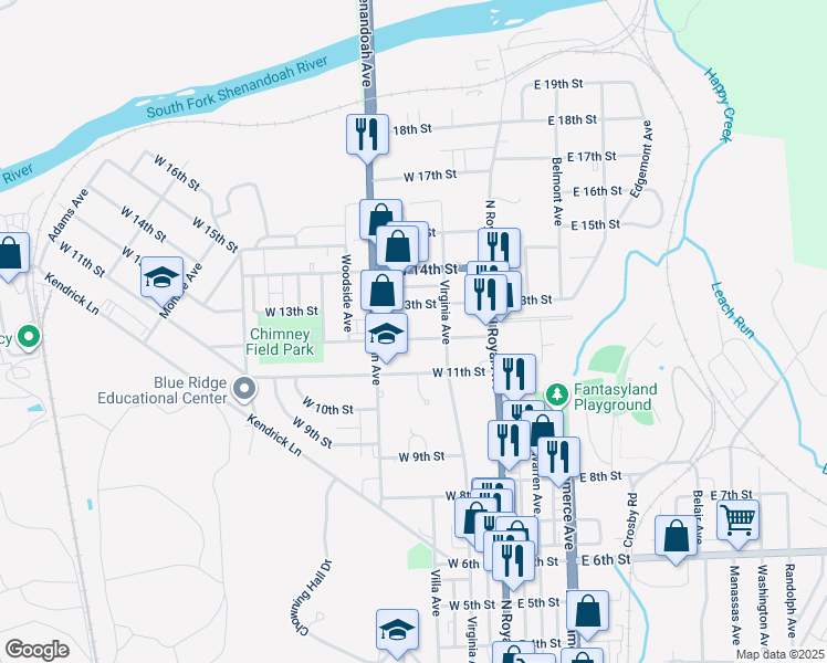 map of restaurants, bars, coffee shops, grocery stores, and more near 127 West 12th Street in Front Royal