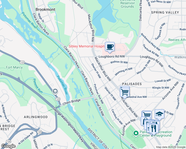 map of restaurants, bars, coffee shops, grocery stores, and more near 5737 Potomac Avenue Northwest in Washington
