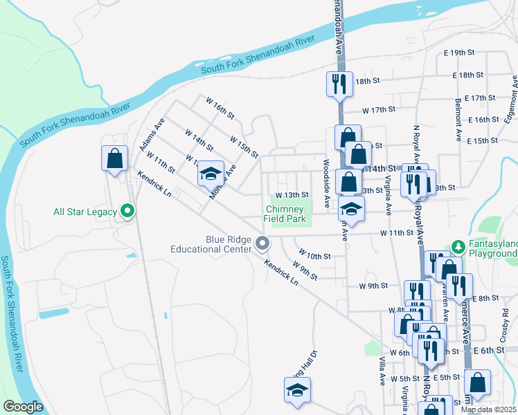 map of restaurants, bars, coffee shops, grocery stores, and more near 1206 Massanutten Avenue in Front Royal