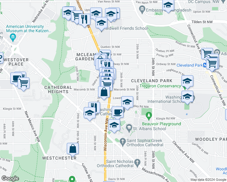 map of restaurants, bars, coffee shops, grocery stores, and more near 3614 Macomb Street Northwest in Washington