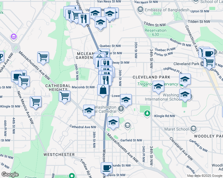 map of restaurants, bars, coffee shops, grocery stores, and more near 3219 Wisconsin Avenue in Washington