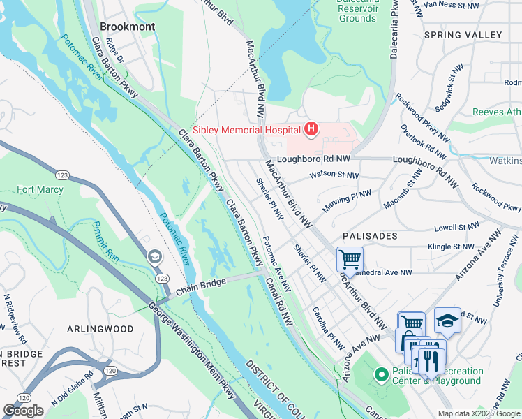 map of restaurants, bars, coffee shops, grocery stores, and more near 5737 Potomac Avenue Northwest in Washington