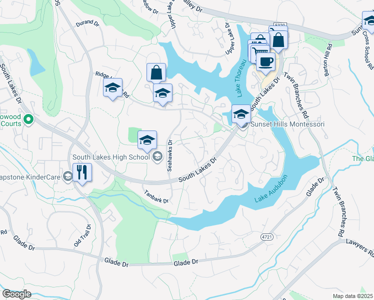 map of restaurants, bars, coffee shops, grocery stores, and more near South Lakes Drive in Reston
