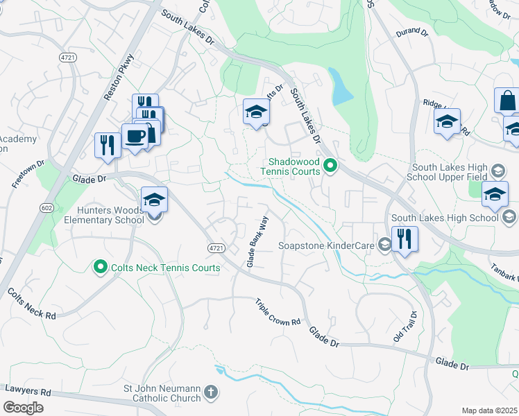 map of restaurants, bars, coffee shops, grocery stores, and more near 2306 Middle Creek Lane in Reston