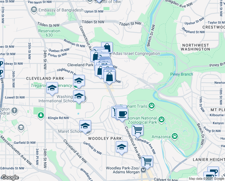 map of restaurants, bars, coffee shops, grocery stores, and more near 3221 Connecticut Avenue Northwest in Washington