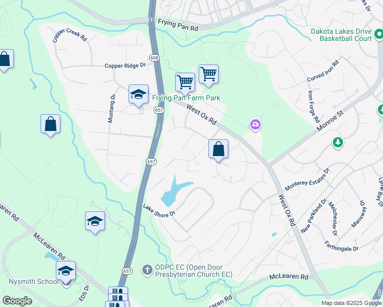 map of restaurants, bars, coffee shops, grocery stores, and more near 2714 Floris Lane in Herndon