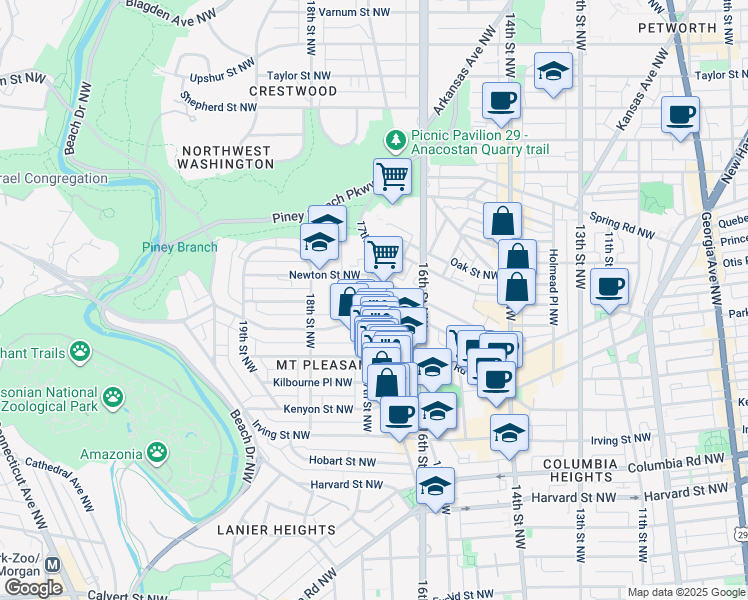 map of restaurants, bars, coffee shops, grocery stores, and more near 3327 17th Street Northwest in Washington