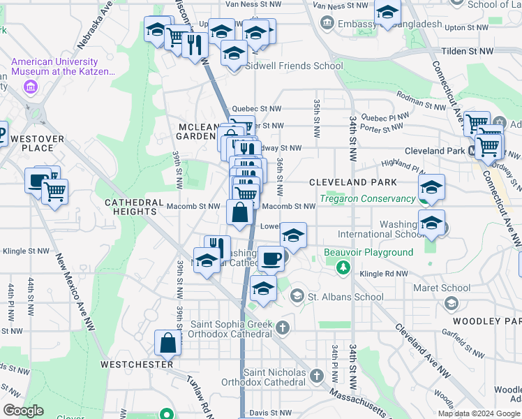 map of restaurants, bars, coffee shops, grocery stores, and more near 3614 Macomb Street Northwest in Washington