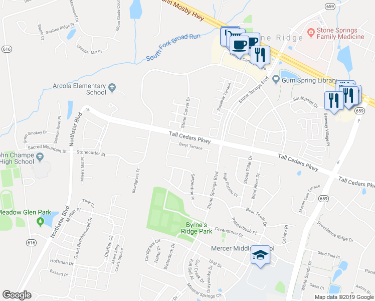 map of restaurants, bars, coffee shops, grocery stores, and more near 41942 Cinnabar Square in Aldie