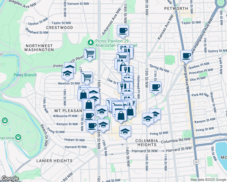 map of restaurants, bars, coffee shops, grocery stores, and more near 1436 Meridian Place Northwest in Washington