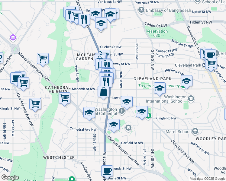 map of restaurants, bars, coffee shops, grocery stores, and more near 3219 Wisconsin Avenue in Washington