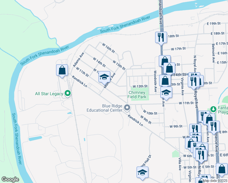 map of restaurants, bars, coffee shops, grocery stores, and more near 625 West 11th Street in Front Royal