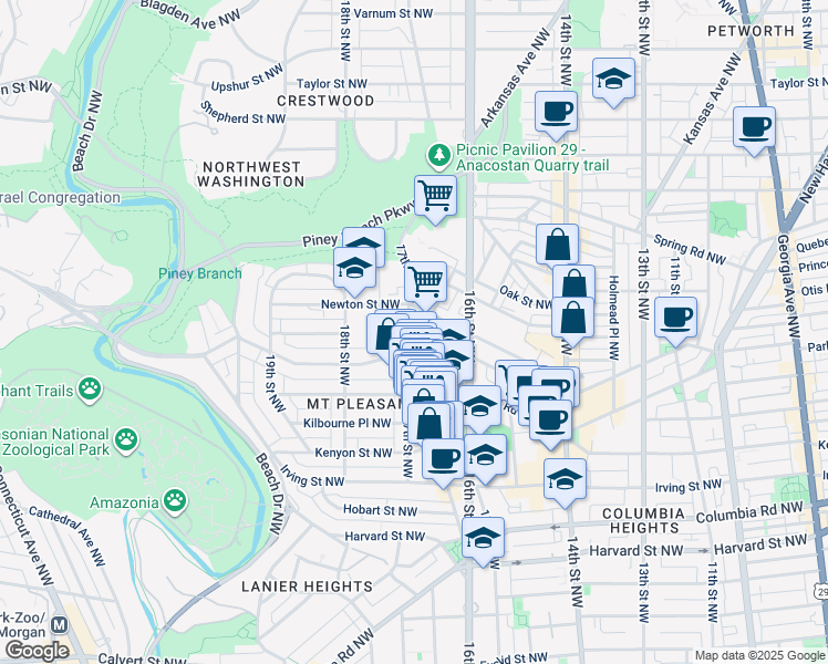 map of restaurants, bars, coffee shops, grocery stores, and more near 3327 17th Street Northwest in Washington